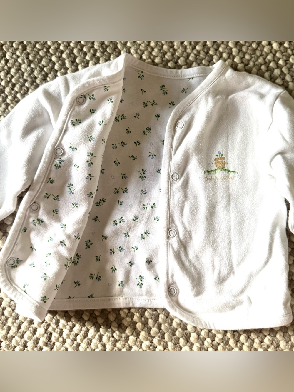 Kissy Kissy White Baby Cardigan with Green and Blue Floral Lining